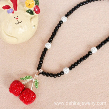Alloy Rhinestone Cherry Charm Shamballa Beads Necklace